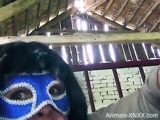 Masked babe with big jugs, nasty dog porn cam sex