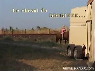 Blond-haired beauty with big boobs gets fucked by a horse