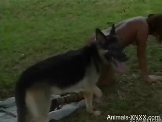 Hardcore zoo sex threesome with a dog outdoors