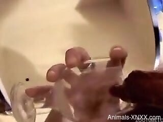 Nude blonde wants to drink the dog's sperm