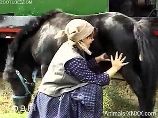 Country woman filmed trying sex with her black horse